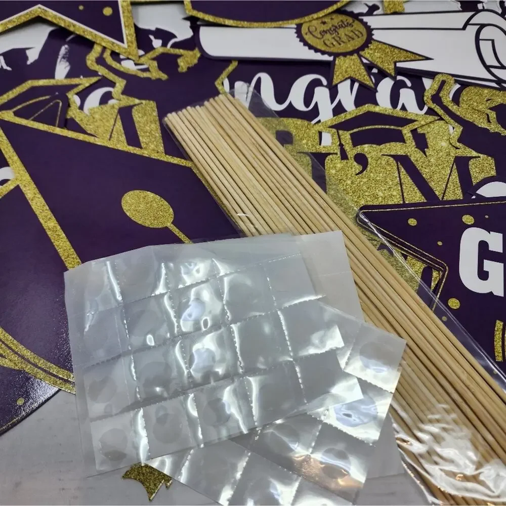 Graduation Party 32 Pc. Purple & Gold Party Decorations with sticks‎ New in Pkg
